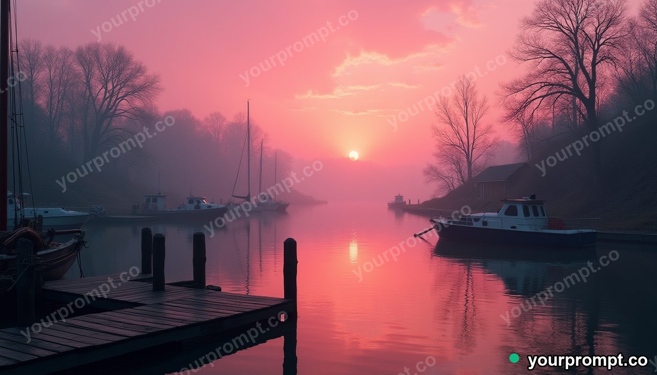 A quiet harbor of wooden boats under a pink dawn in cinematic film still style — AI-generated image from a text prompt