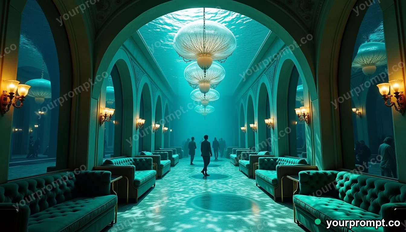 Neo-Deco underwater hotel lobby in cinematic style — AI-generated image from a text prompt