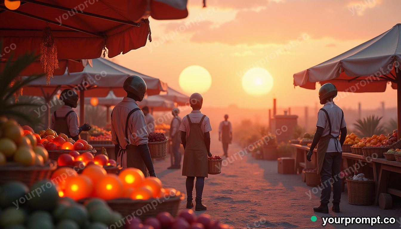 Alien farmers market at dawn in cinematic style — AI-generated image from a text prompt