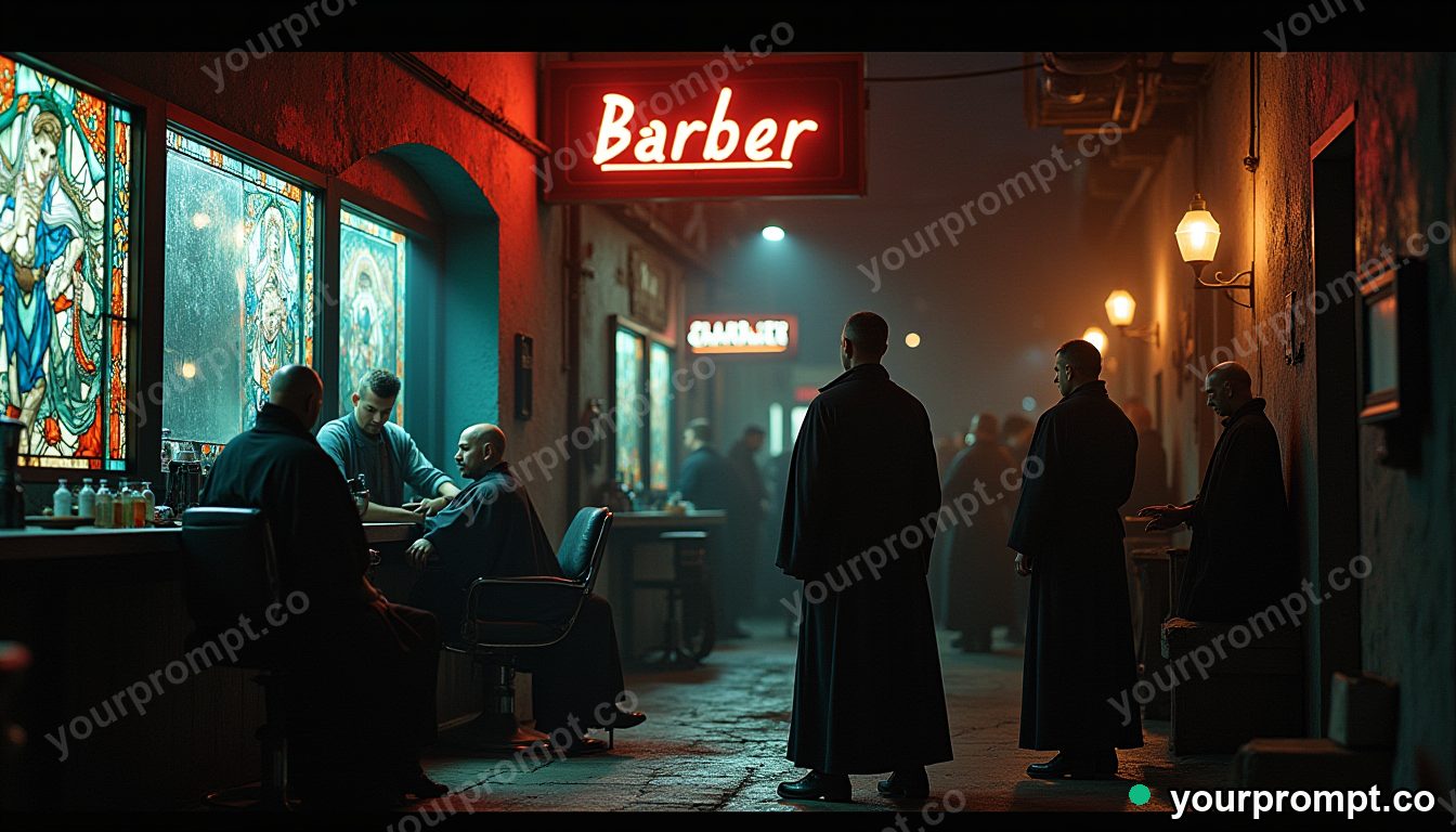 Future-medieval street barber in cinematic style — AI-generated image from a text prompt