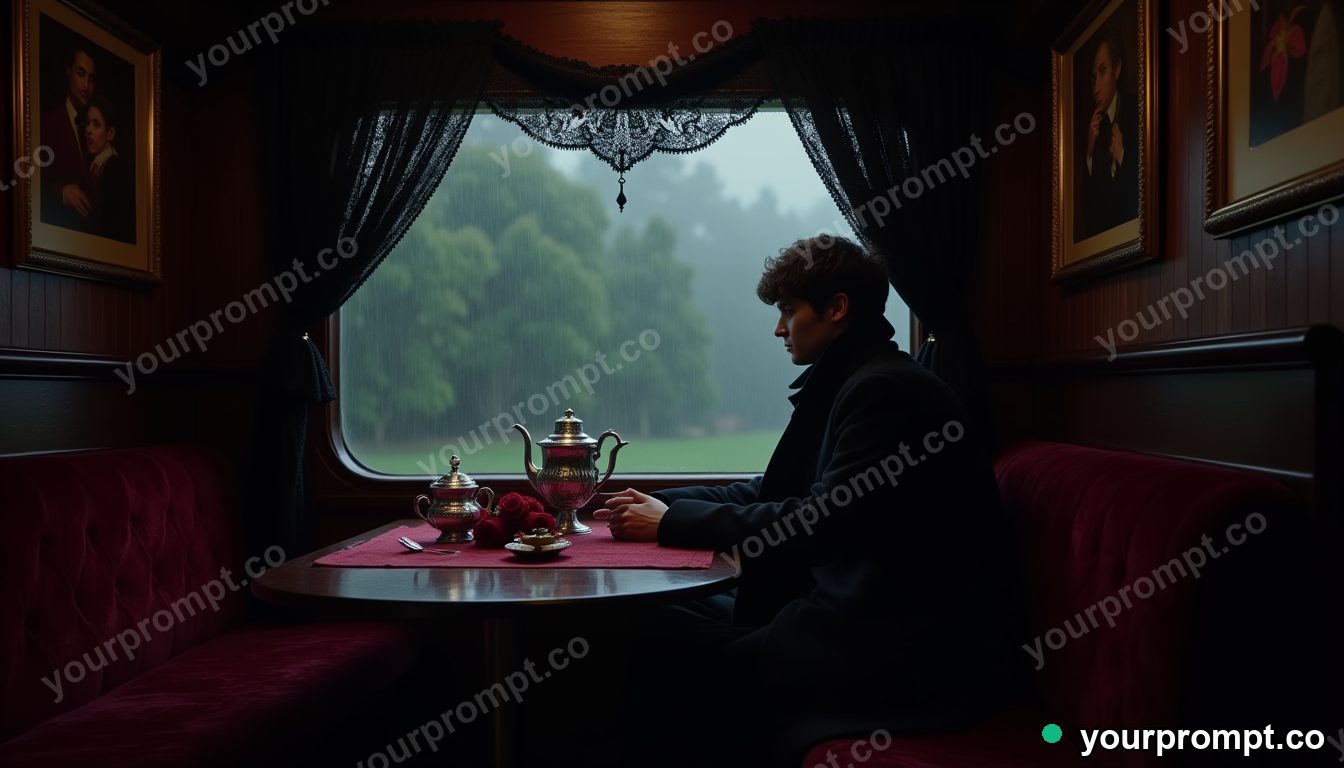 Vamp romantic train compartment in cinematic style — AI-generated image from a text prompt