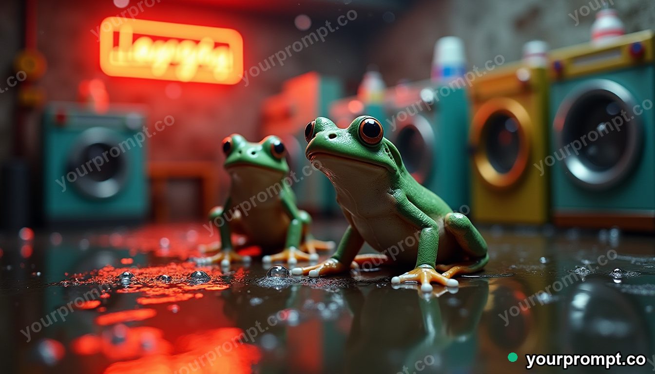 Tiny laundromat for frogs in cinematic style — AI-generated image from a text prompt