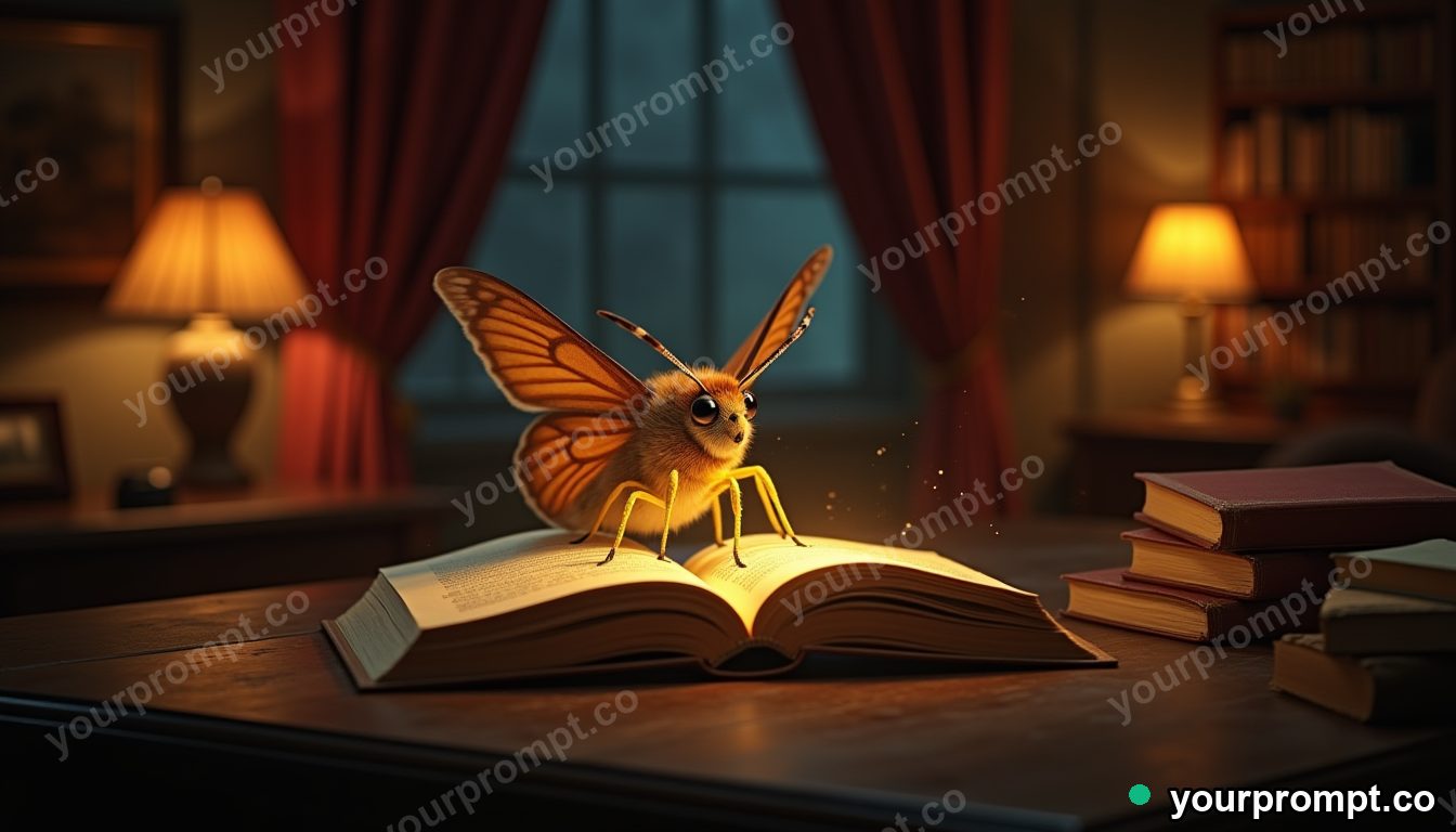 Moth librarian after closing in cinematic style — AI-generated image from a text prompt