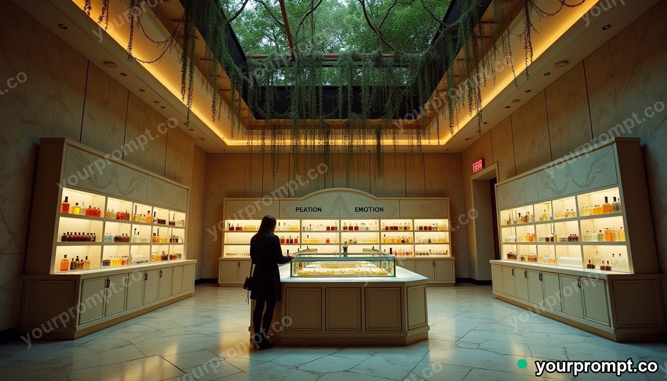 Post-apocalyptic perfume counter in cinematic style — AI-generated image from a text prompt