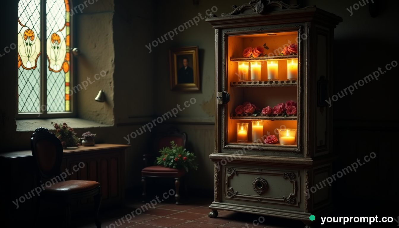 Gothic vending machine chapel in cinematic style — AI-generated image from a text prompt