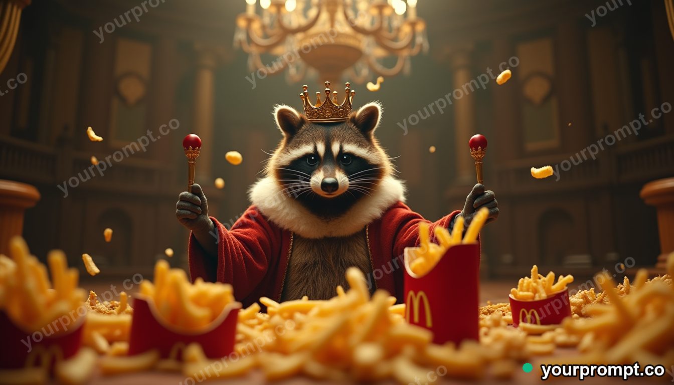 Brainrot royal raccoon court in cinematic style — AI-generated image from a text prompt