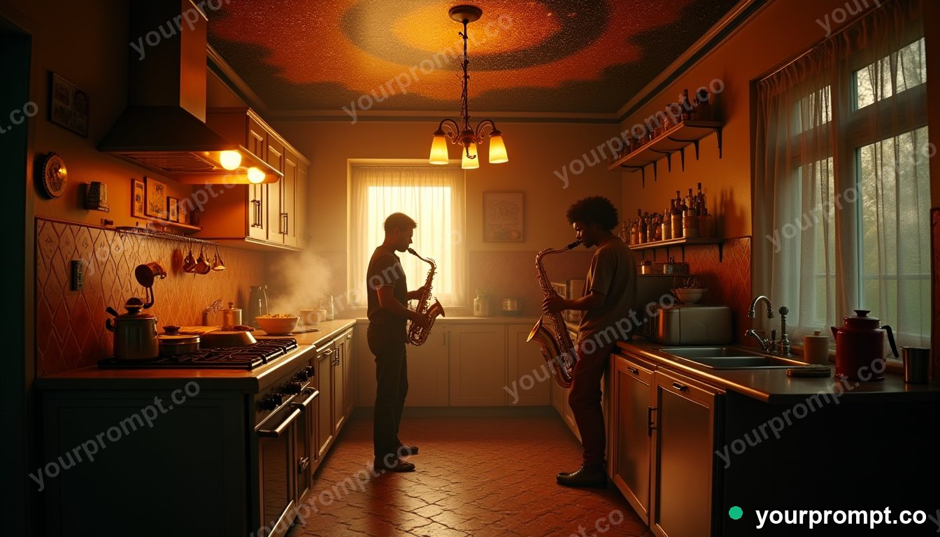 Afro-futurist jazz kitchen in cinematic style — AI-generated image from a text prompt