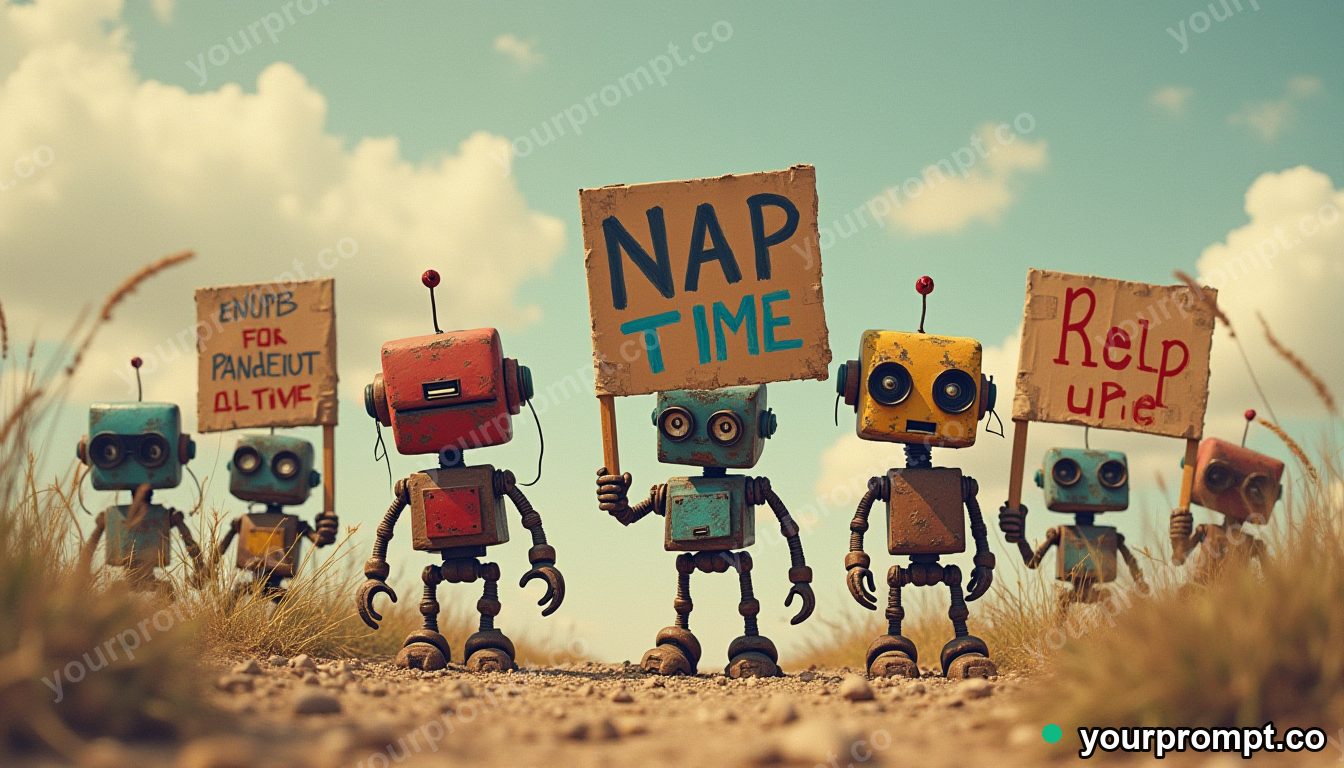 Handmade robot protest poster in cinematic style — AI-generated image from a text prompt