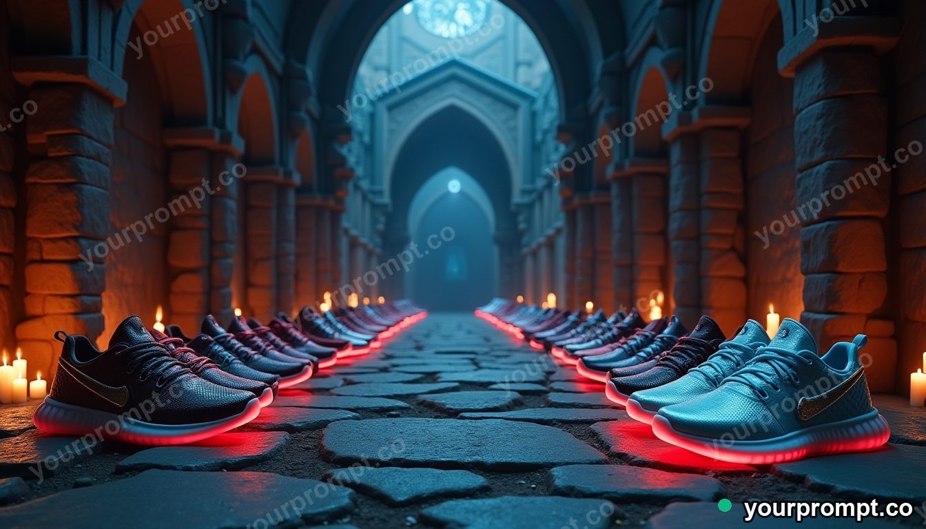 Future-medieval sneaker shrine in cinematic style — AI-generated image from a text prompt