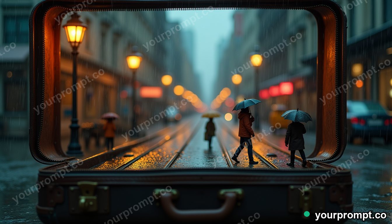Miniature city inside a suitcase in cinematic style — AI-generated image from a text prompt