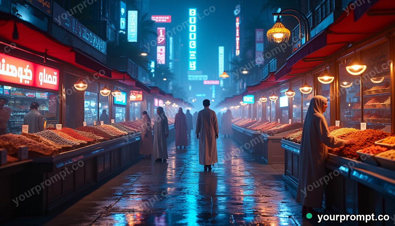 Cyber souk at blue hour in cinematic style — AI-generated image from a text prompt