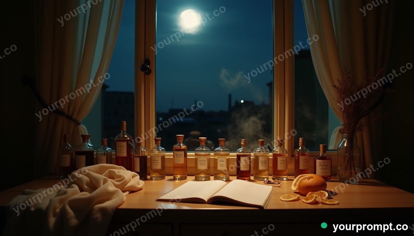 Moonlit perfume layering ritual in cinematic style — AI-generated image from a text prompt