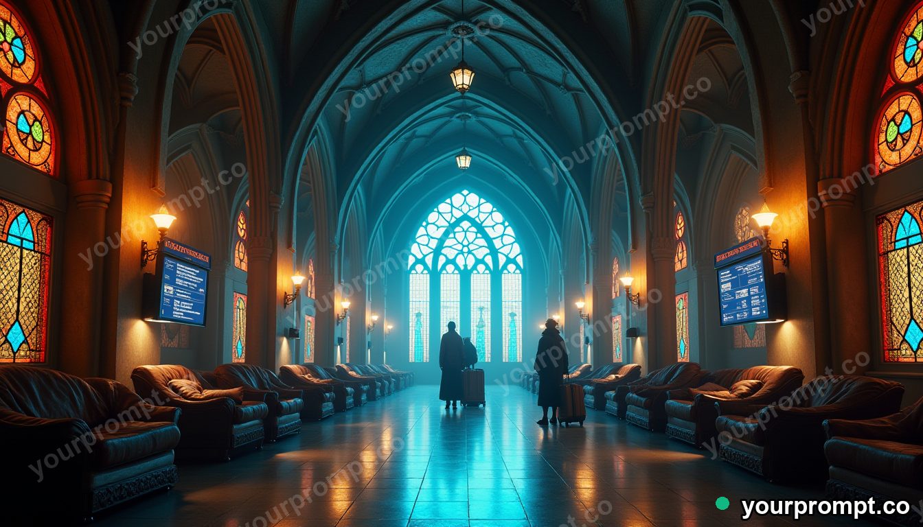 Future-medieval airport lounge in cinematic style — AI-generated image from a text prompt