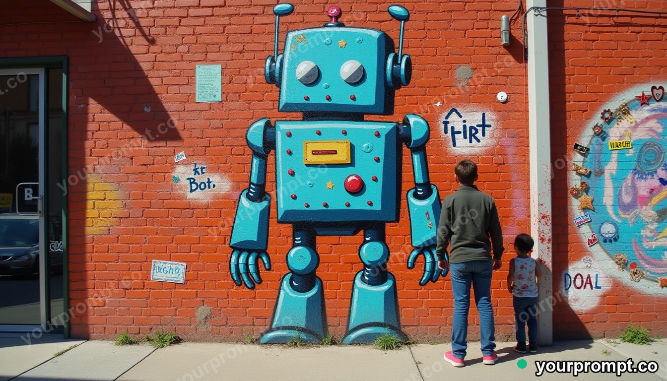 Naive-design giant robot mural in cinematic style — AI-generated image from a text prompt