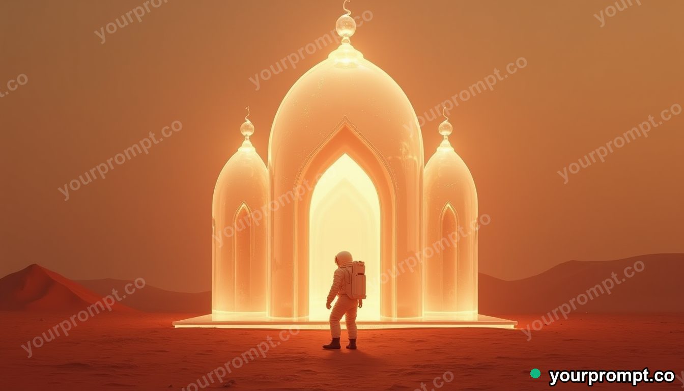 Crystal mosque on Mars in cinematic style — AI-generated image from a text prompt
