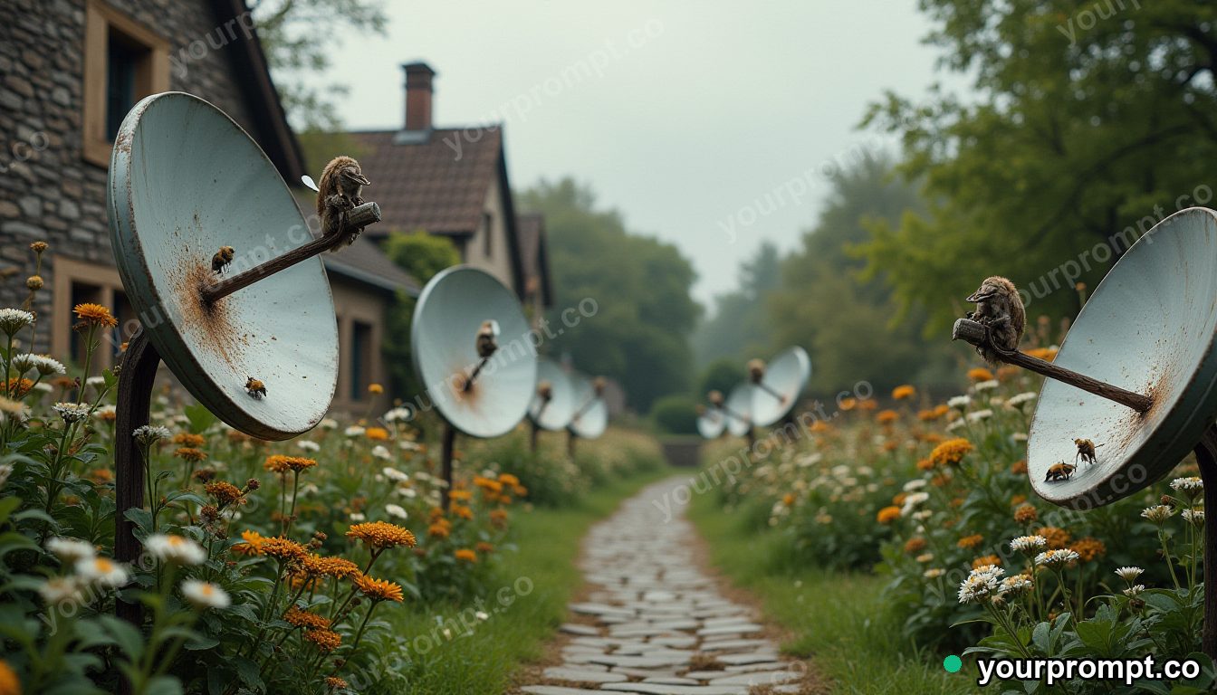 Cottagecore satellite dish garden in cinematic style — AI-generated image from a text prompt