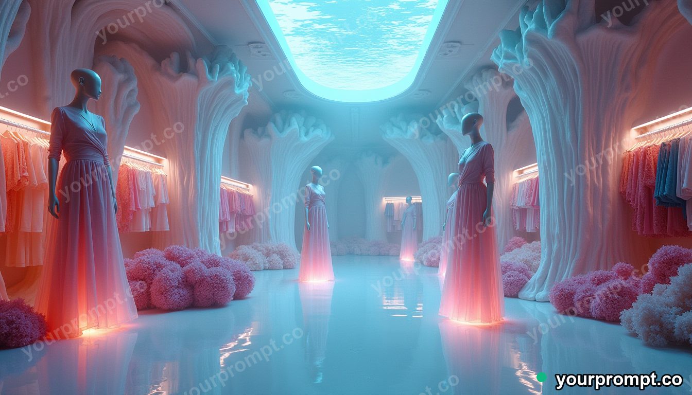 Alien coral fashion showroom in cinematic style — AI-generated image from a text prompt