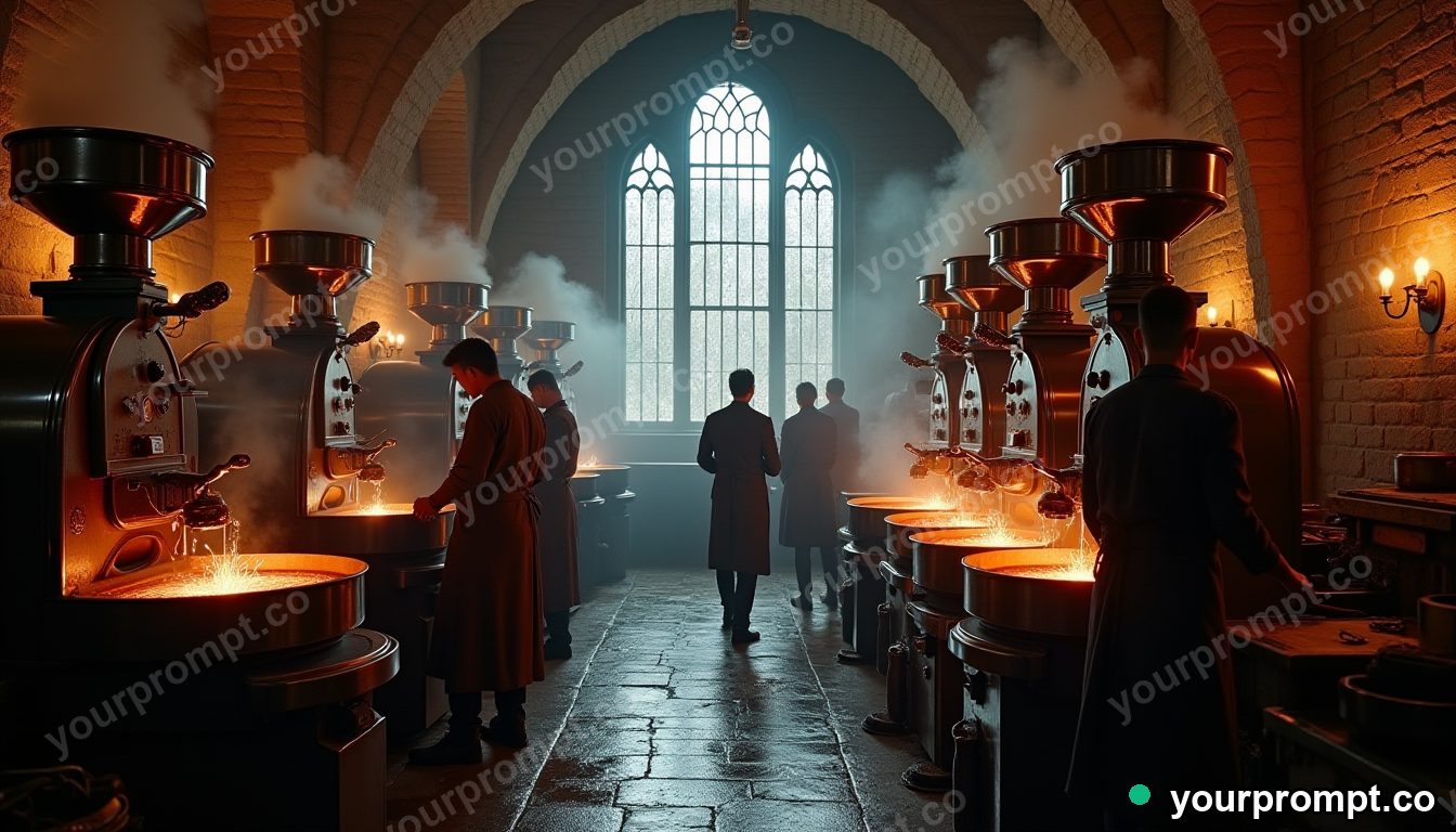 Future-medieval coffee roastery in cinematic style — AI-generated image from a text prompt