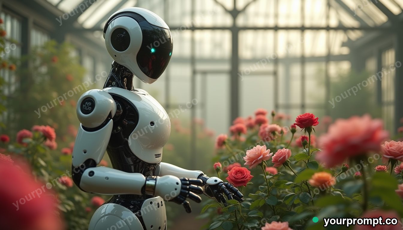Old-money robot gardener in cinematic style — AI-generated image from a text prompt