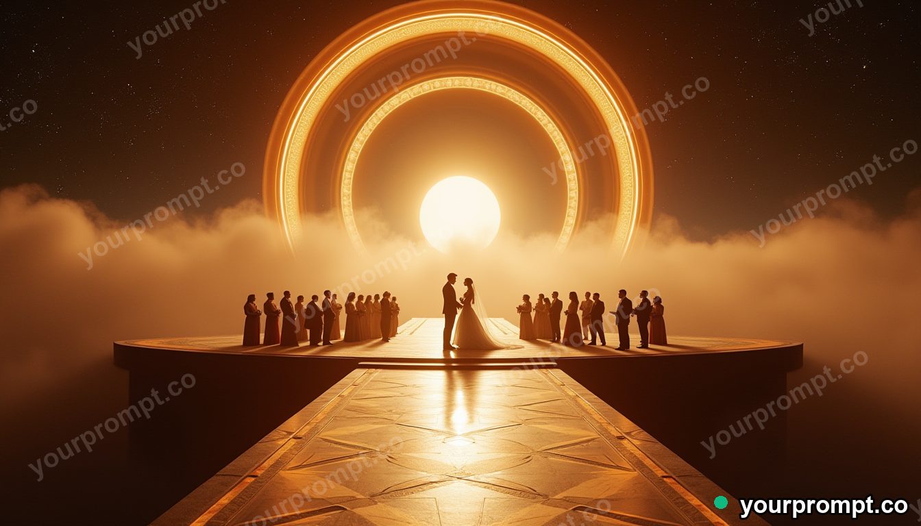 Neo-Deco wedding on Saturn rings in cinematic style — AI-generated image from a text prompt