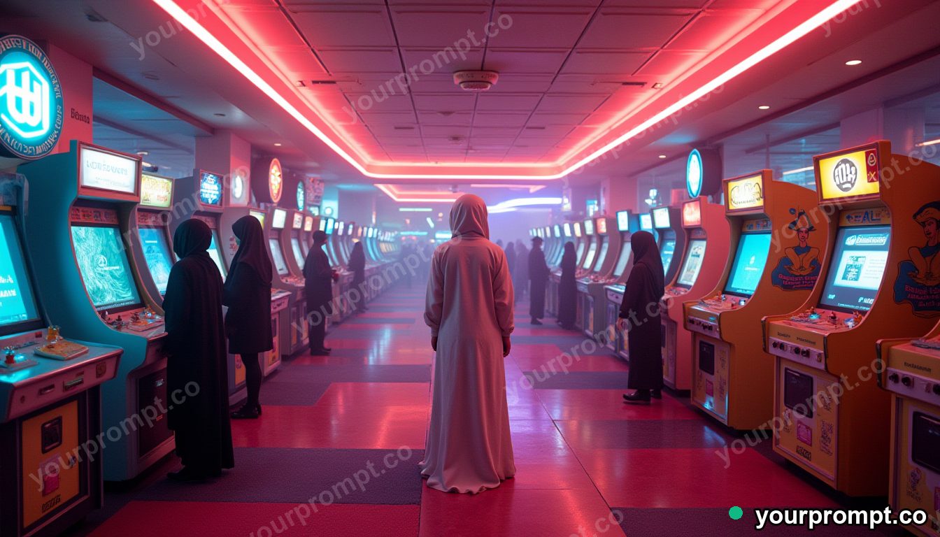 Kuwaiti retro-future arcade in cinematic style — AI-generated image from a text prompt