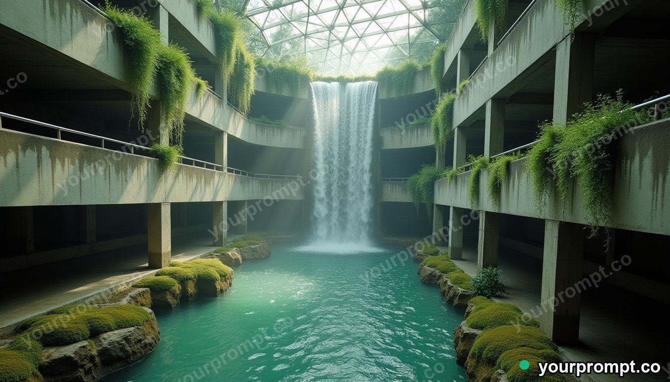 Eco-brutalist indoor waterfall mall in cinematic style — AI-generated image from a text prompt
