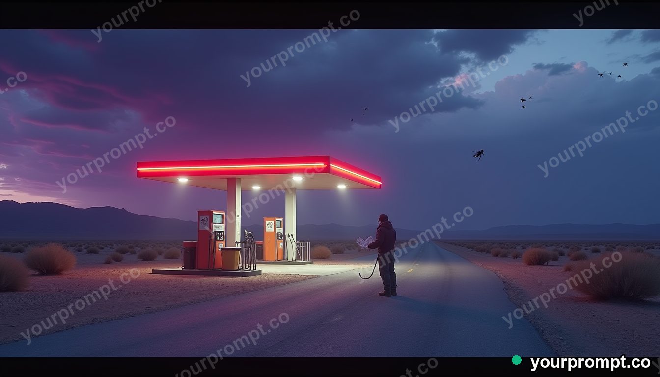 Alien desert gas station in cinematic style — AI-generated image from a text prompt
