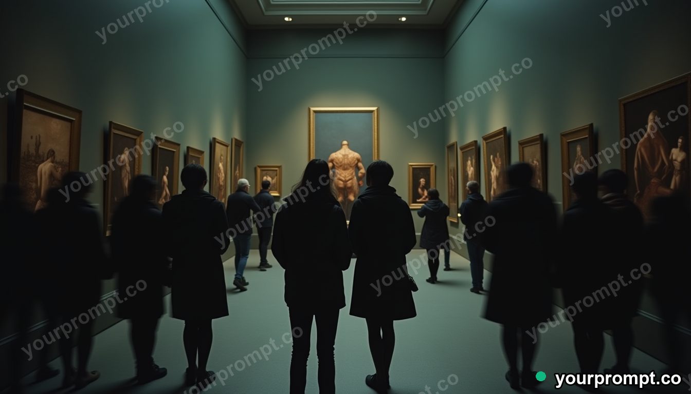 Distorted selfie museum room in cinematic style — AI-generated image from a text prompt