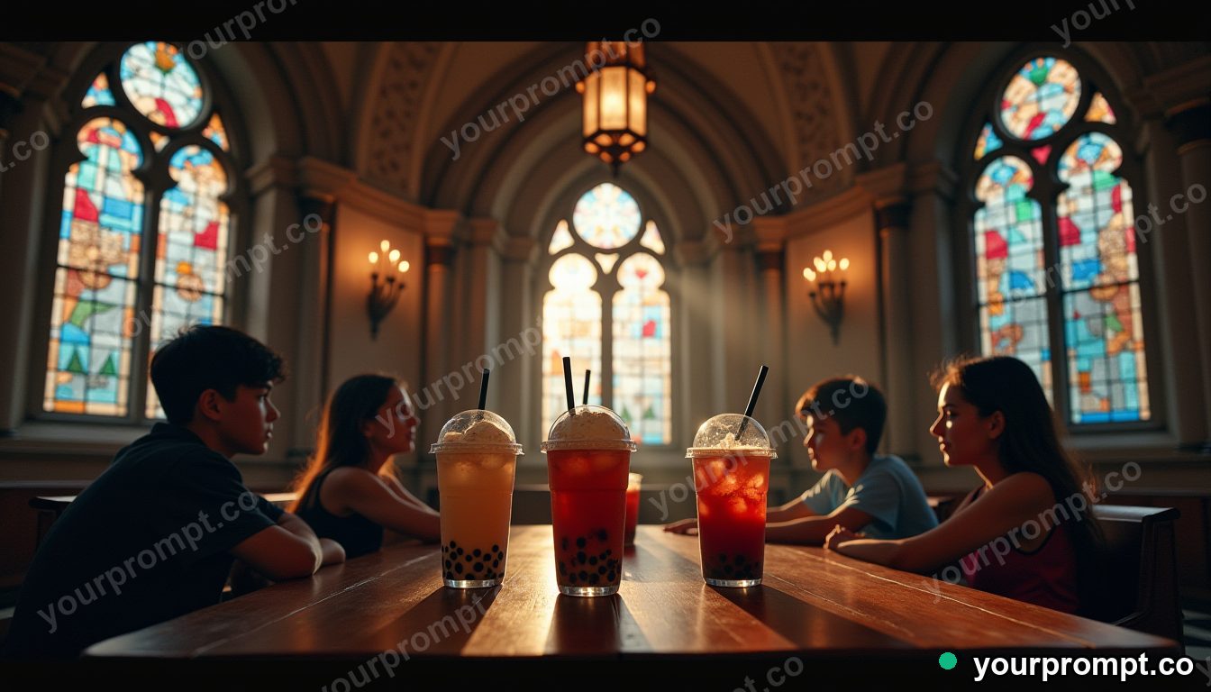 Gothic bubble tea cathedral in cinematic style — AI-generated image from a text prompt