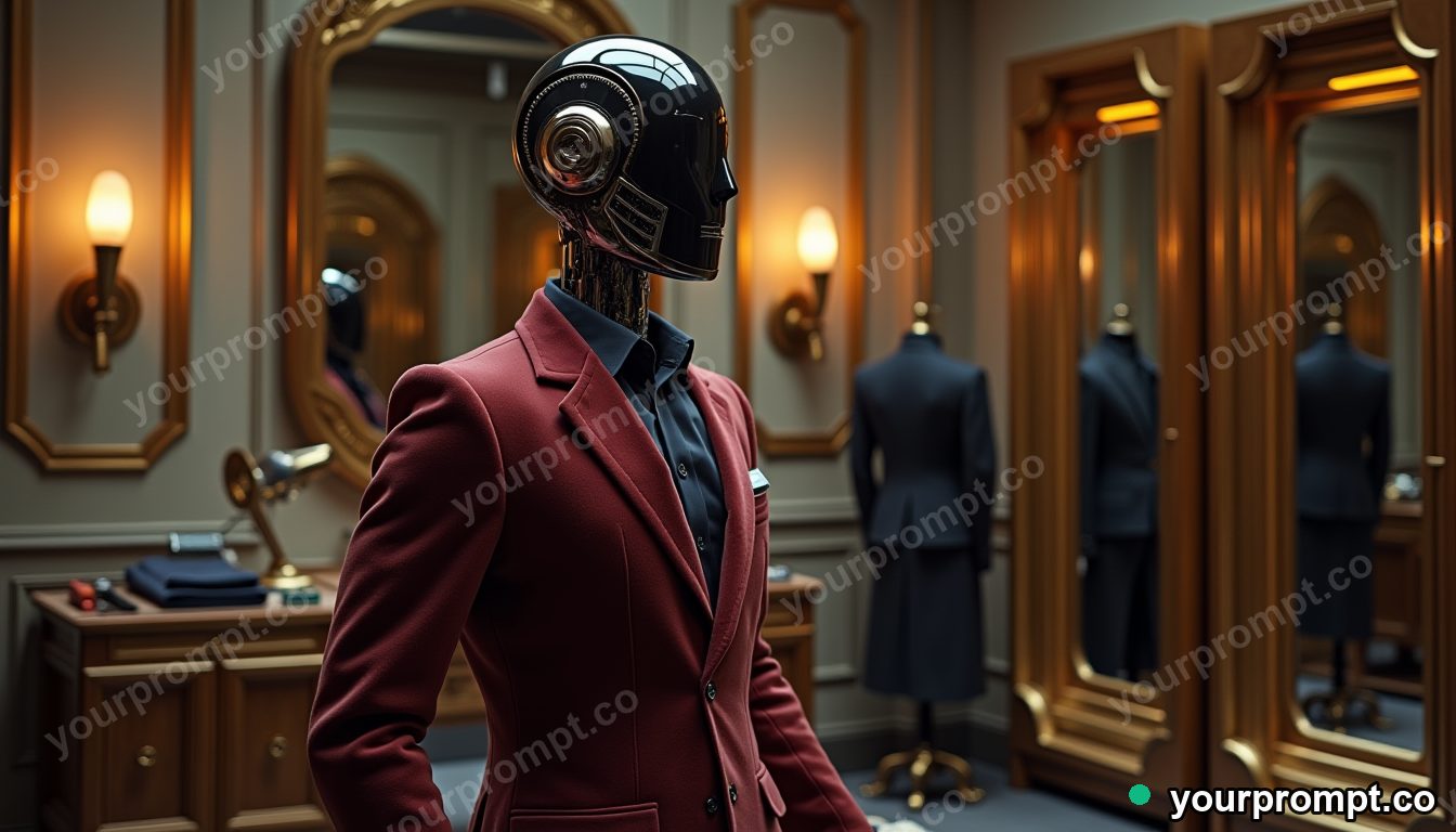 Neo-Deco robot tailor in cinematic style — AI-generated image from a text prompt