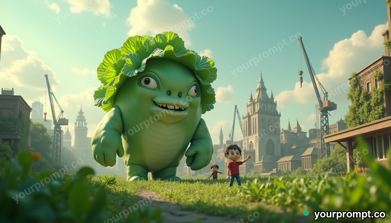 Cabbage kaiju city rescue in cinematic style — AI-generated image from a text prompt