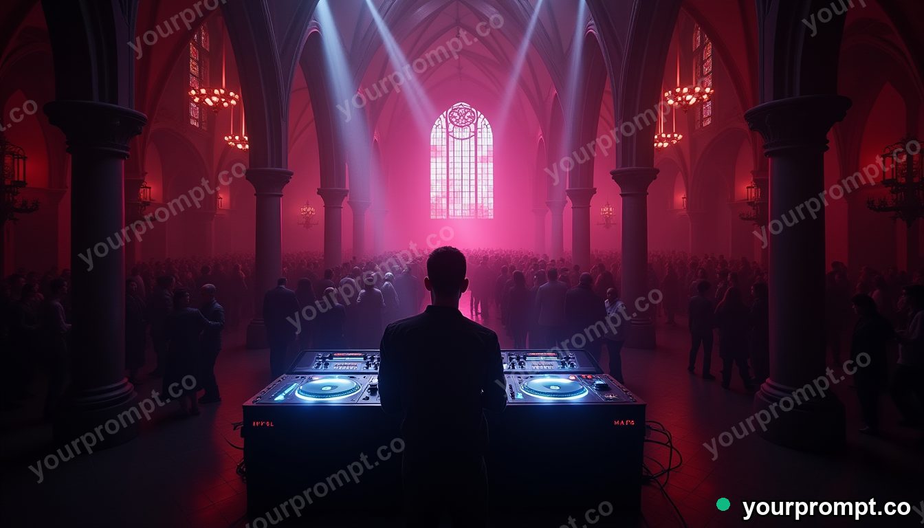 Future-medieval DJ confessional in cinematic style — AI-generated image from a text prompt