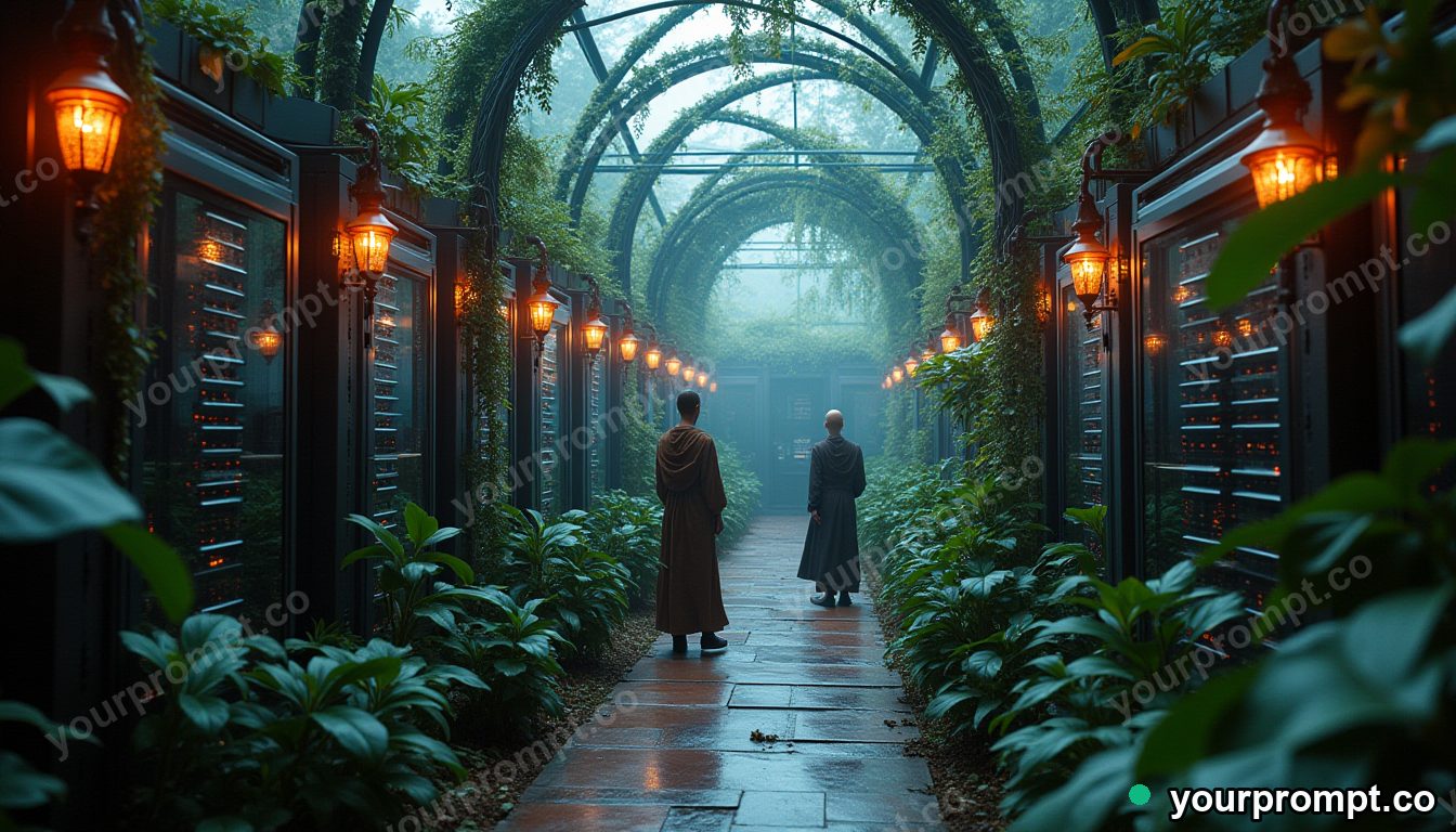 Gothic greenhouse server shrine in cinematic style — AI-generated image from a text prompt