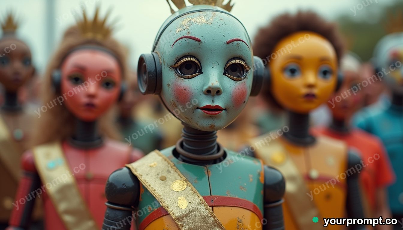 Mismatched robot beauty pageant in cinematic style — AI-generated image from a text prompt