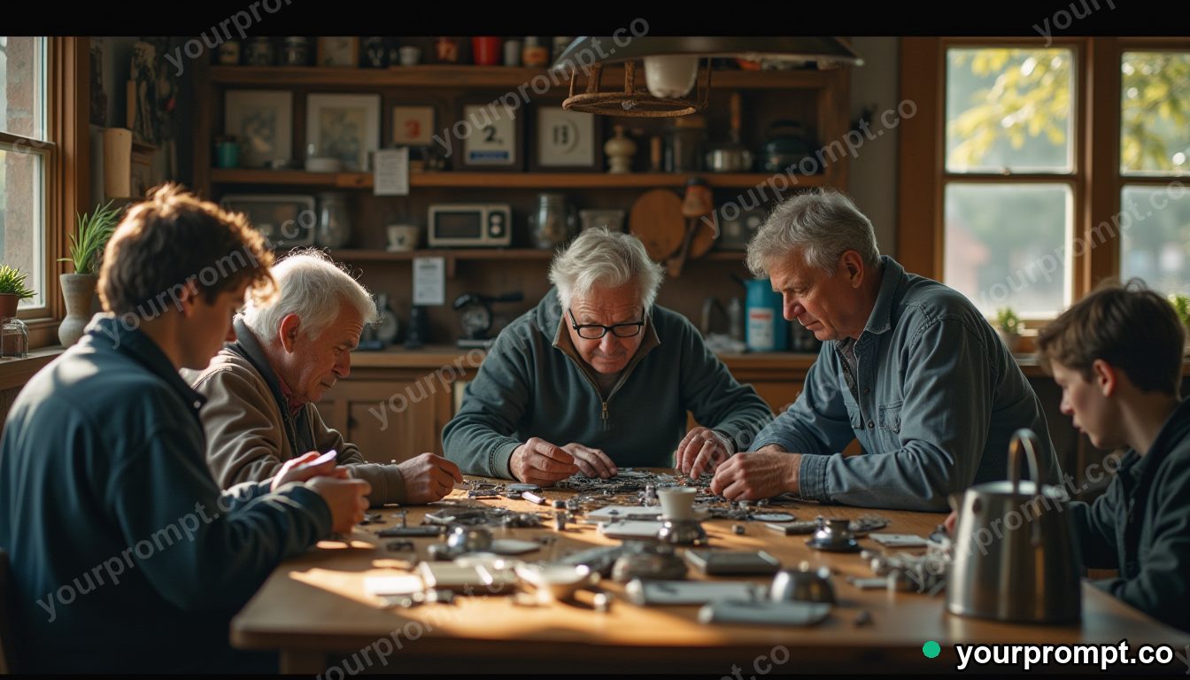 Repair café for broken smart devices in cinematic style — AI-generated image from a text prompt