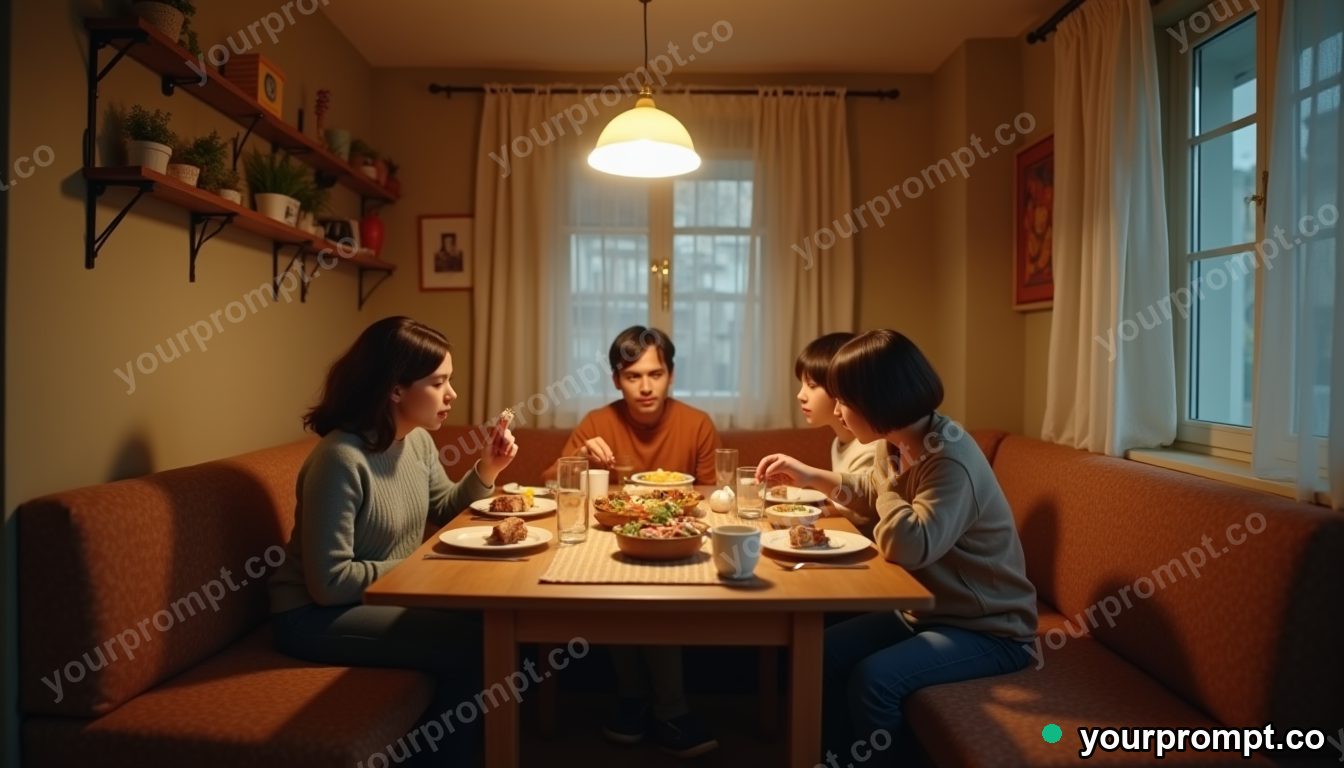 Micro-apartment family dining miracle in cinematic style — AI-generated image from a text prompt