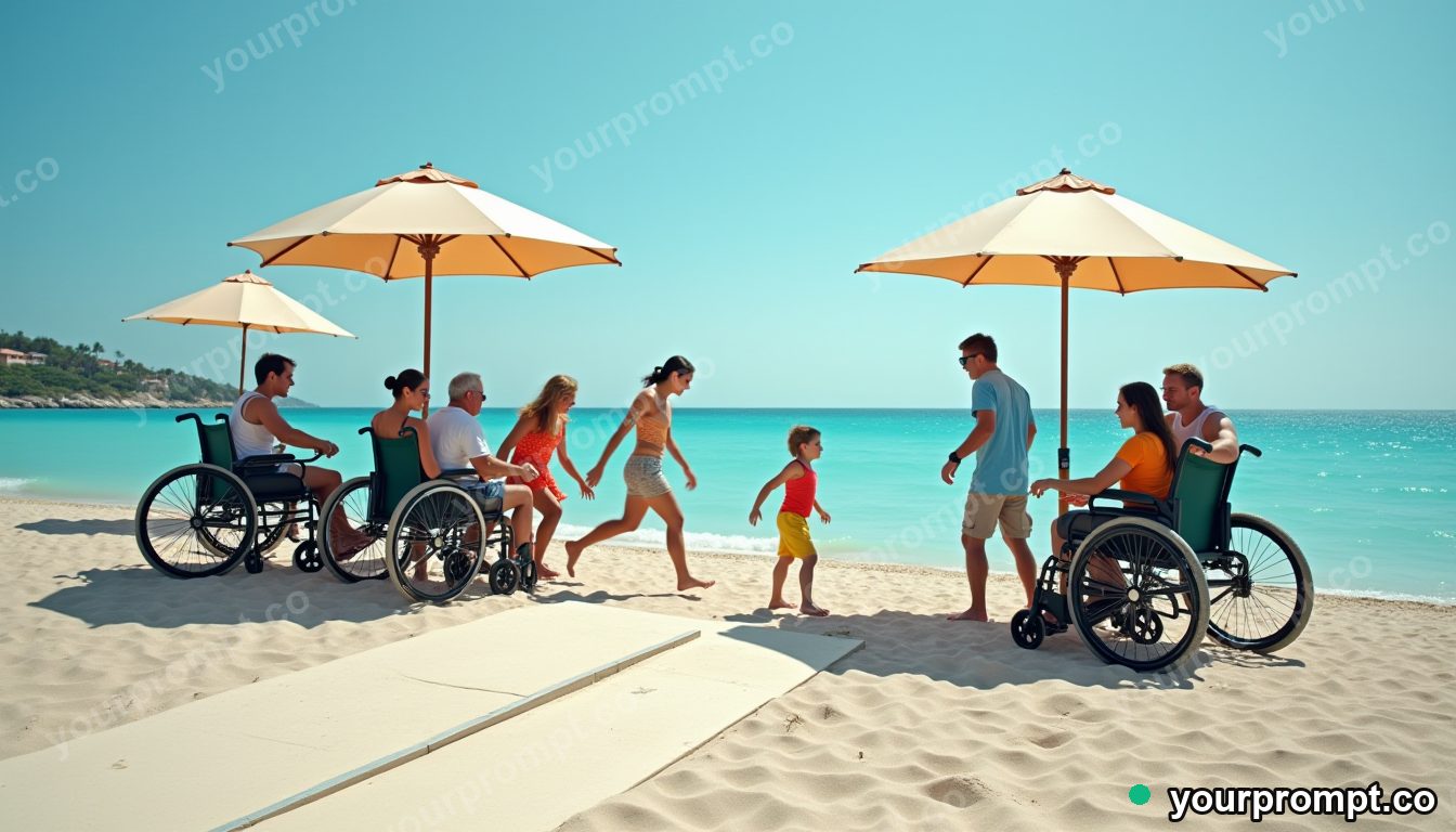 Accessible beach wheelchair station in cinematic style — AI-generated image from a text prompt