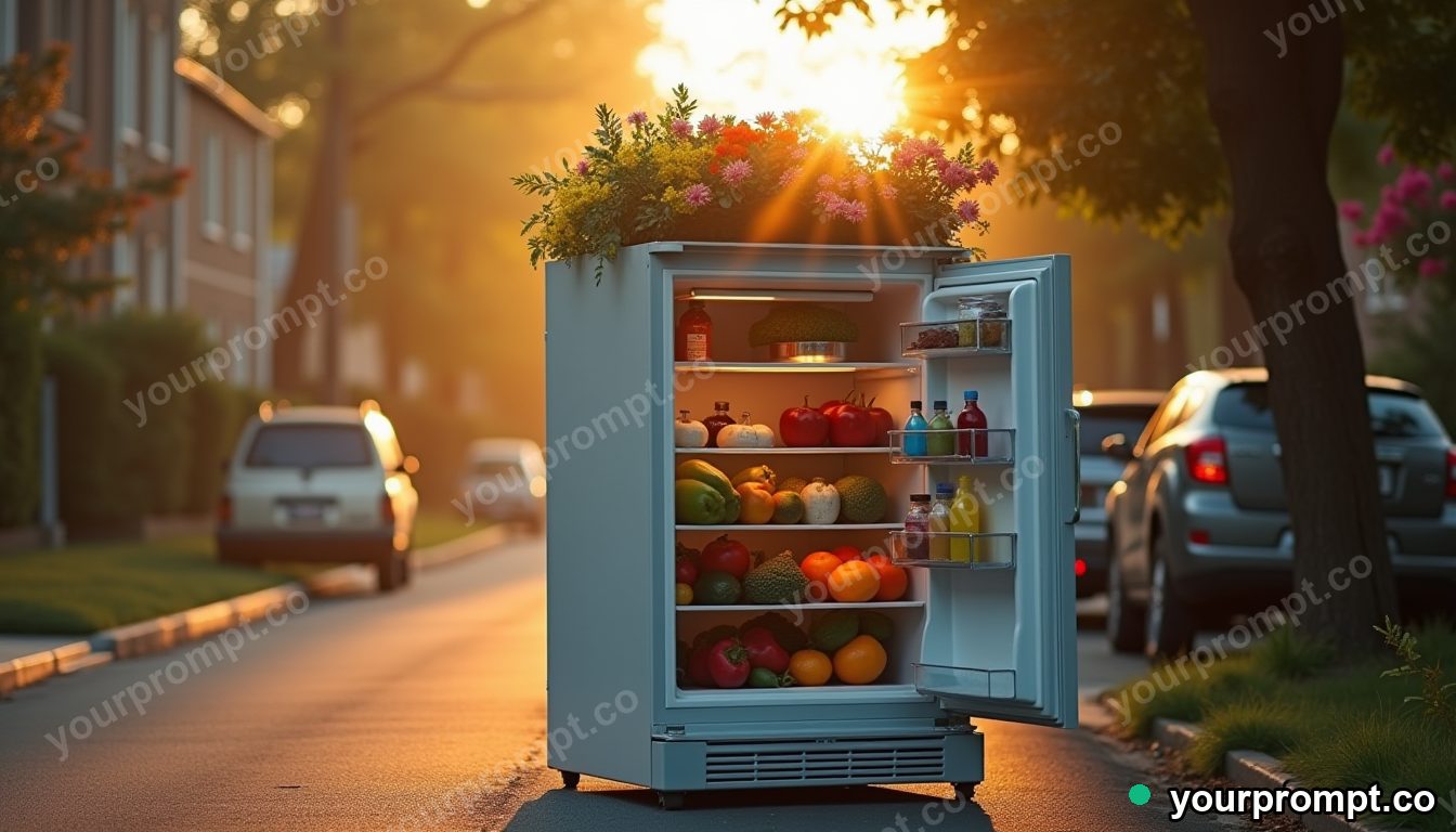Community fridge at sunrise in cinematic style — AI-generated image from a text prompt