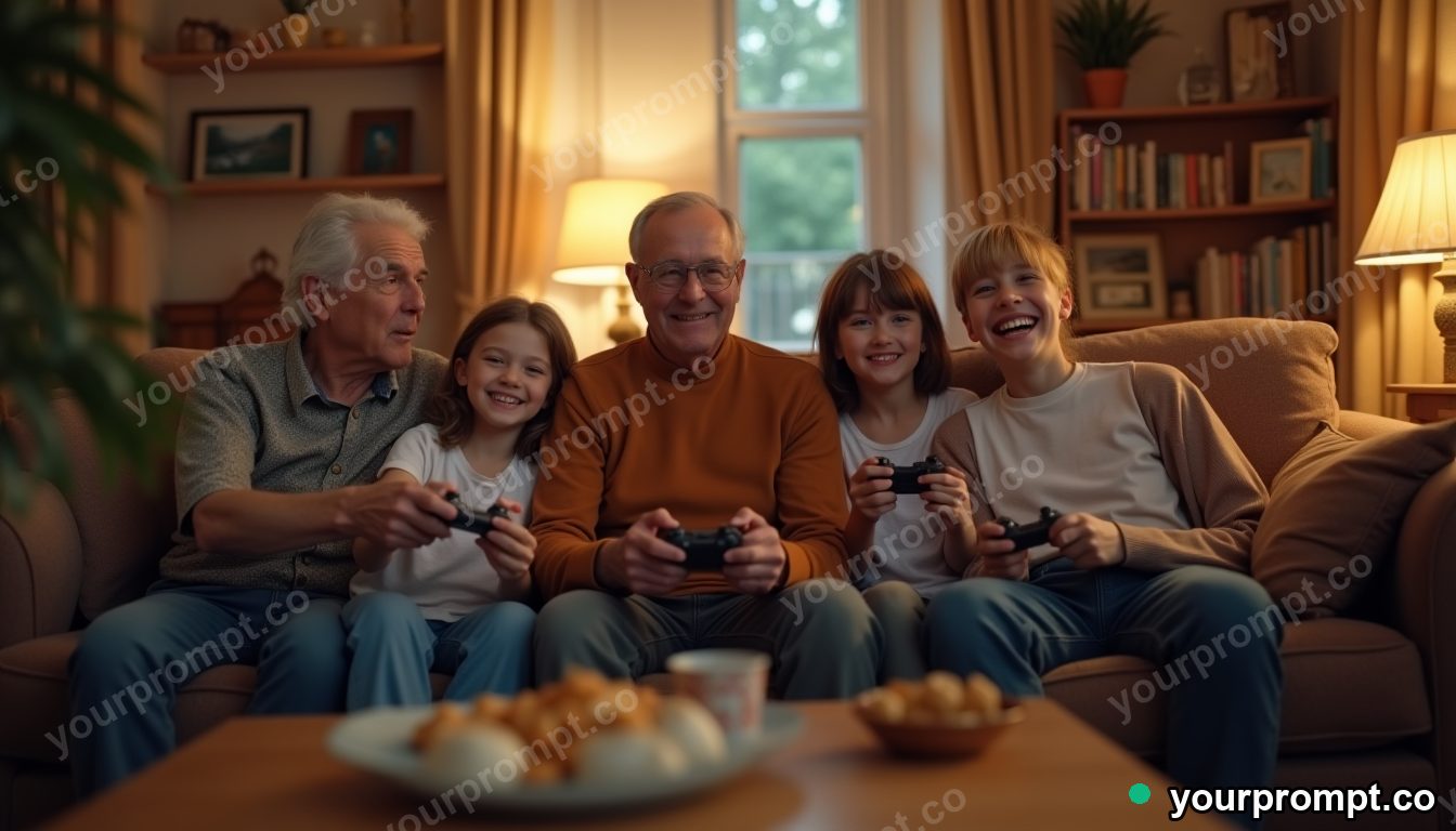 Multi-generational gaming room in cinematic style — AI-generated image from a text prompt
