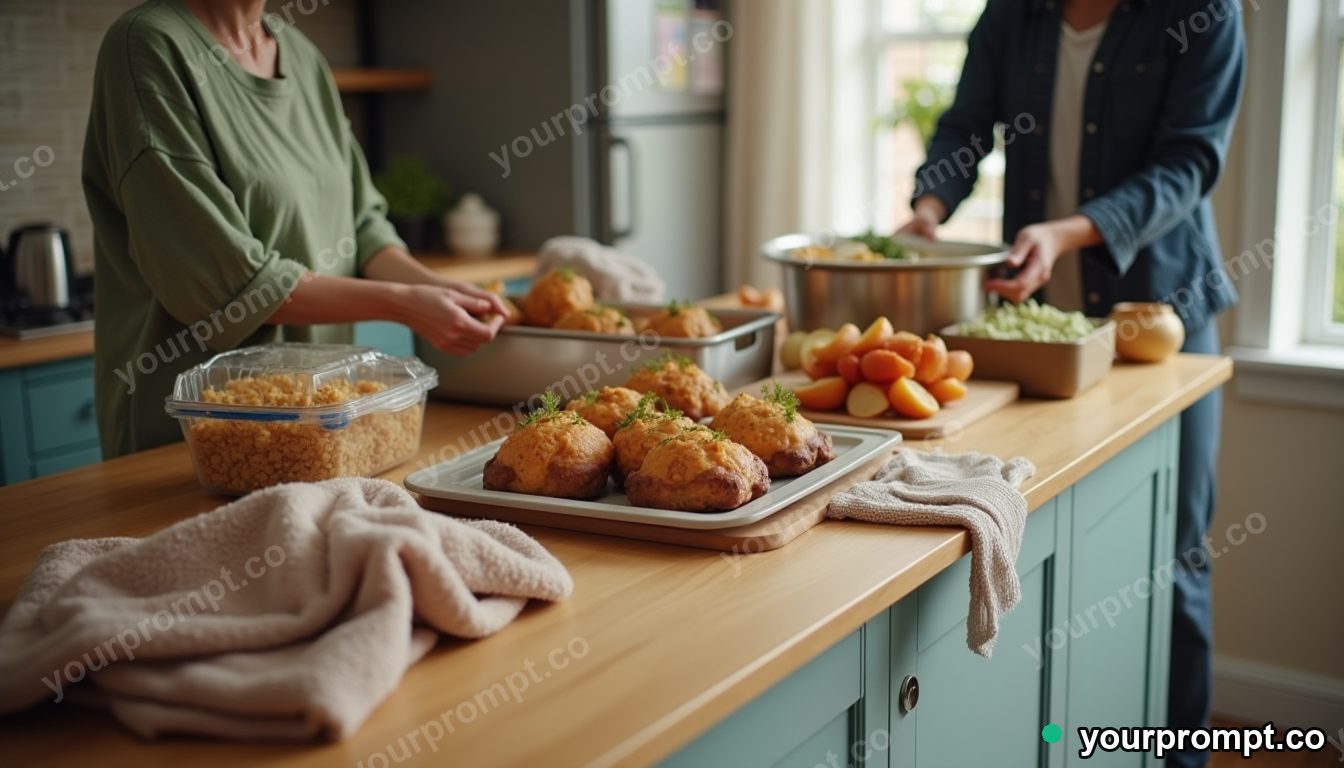 Postpartum meal train kitchen in cinematic style — AI-generated image from a text prompt