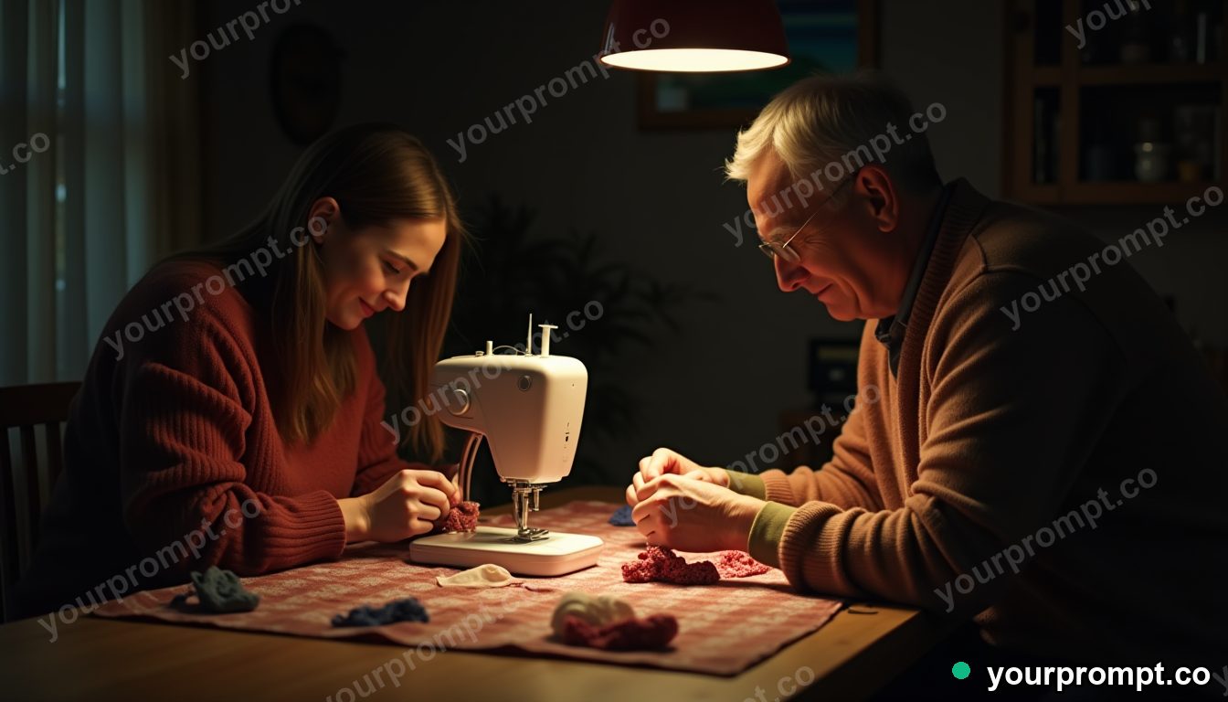 Community sewing rescue night in cinematic style — AI-generated image from a text prompt