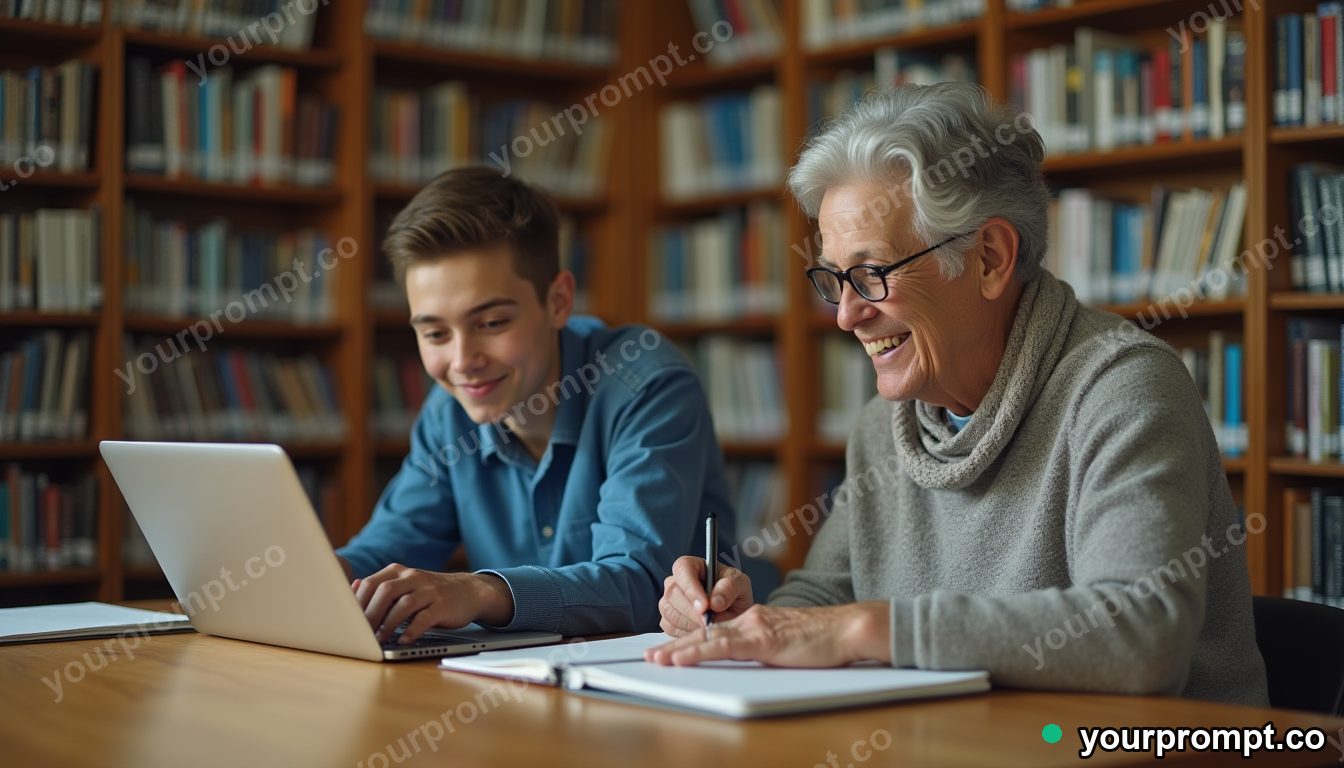 Elder tech tutoring table in cinematic style — AI-generated image from a text prompt