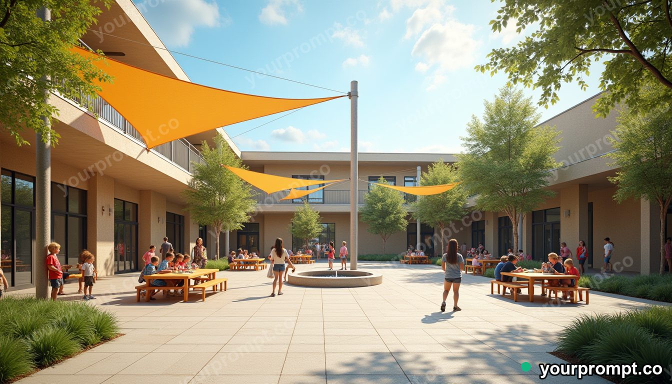 Climate-ready school courtyard in cinematic style — AI-generated image from a text prompt