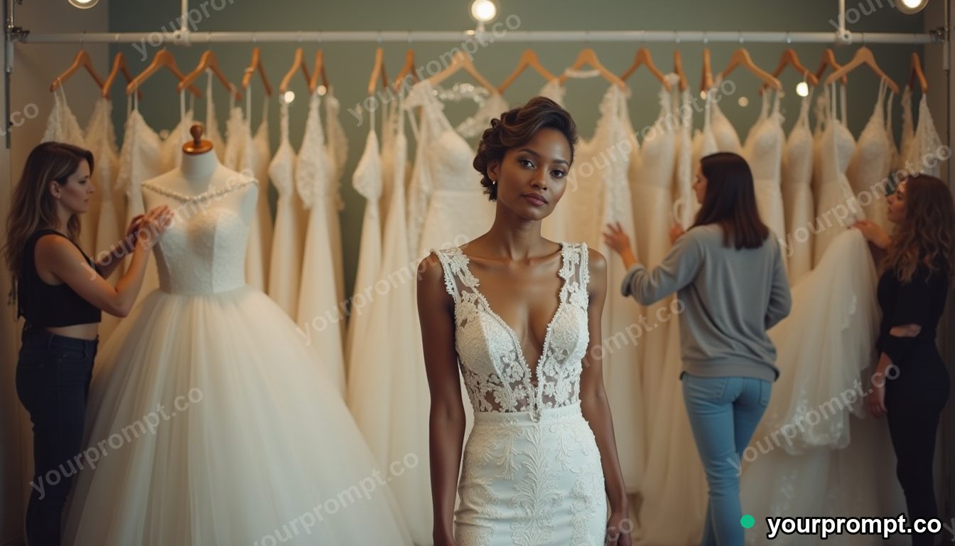 Affordable wedding dress reuse salon in cinematic style — AI-generated image from a text prompt