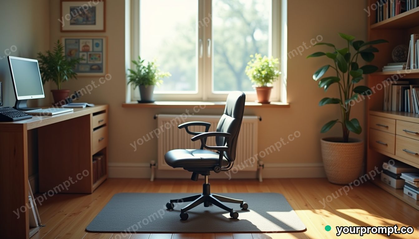Realistic remote work back pain setup in cinematic style — AI-generated image from a text prompt