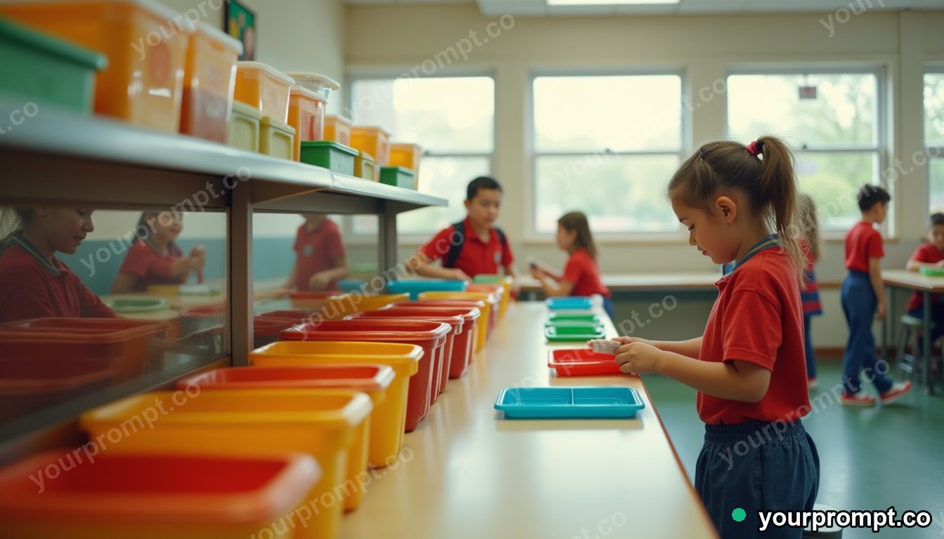 Low-waste school lunch system in cinematic style — AI-generated image from a text prompt
