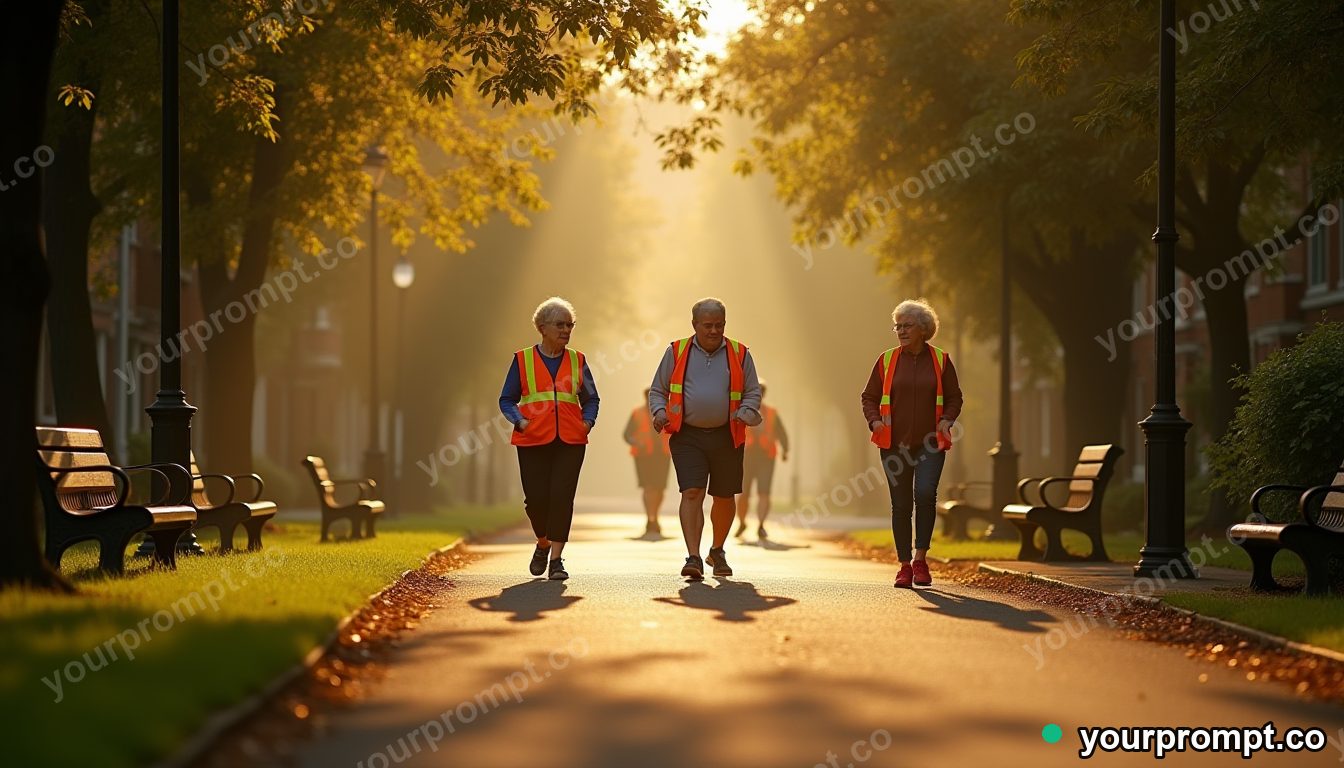 Neighborhood elder walking club in cinematic style — AI-generated image from a text prompt