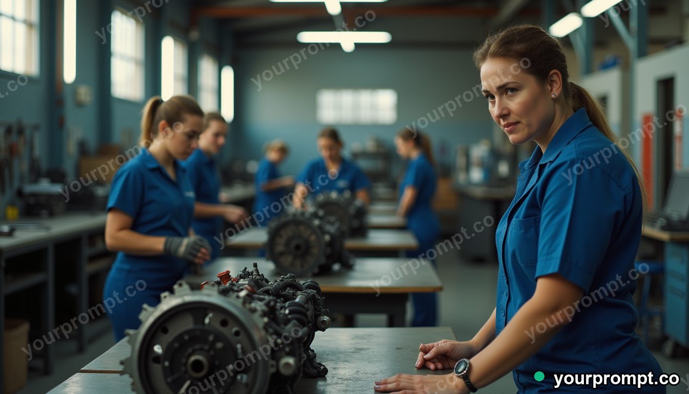 Women mechanics training garage in cinematic style — AI-generated image from a text prompt