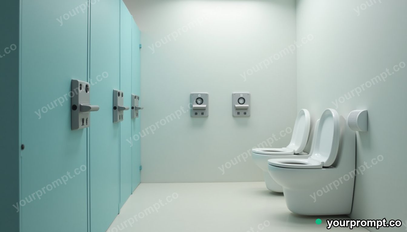 Public menstruation supply station in cinematic style — AI-generated image from a text prompt