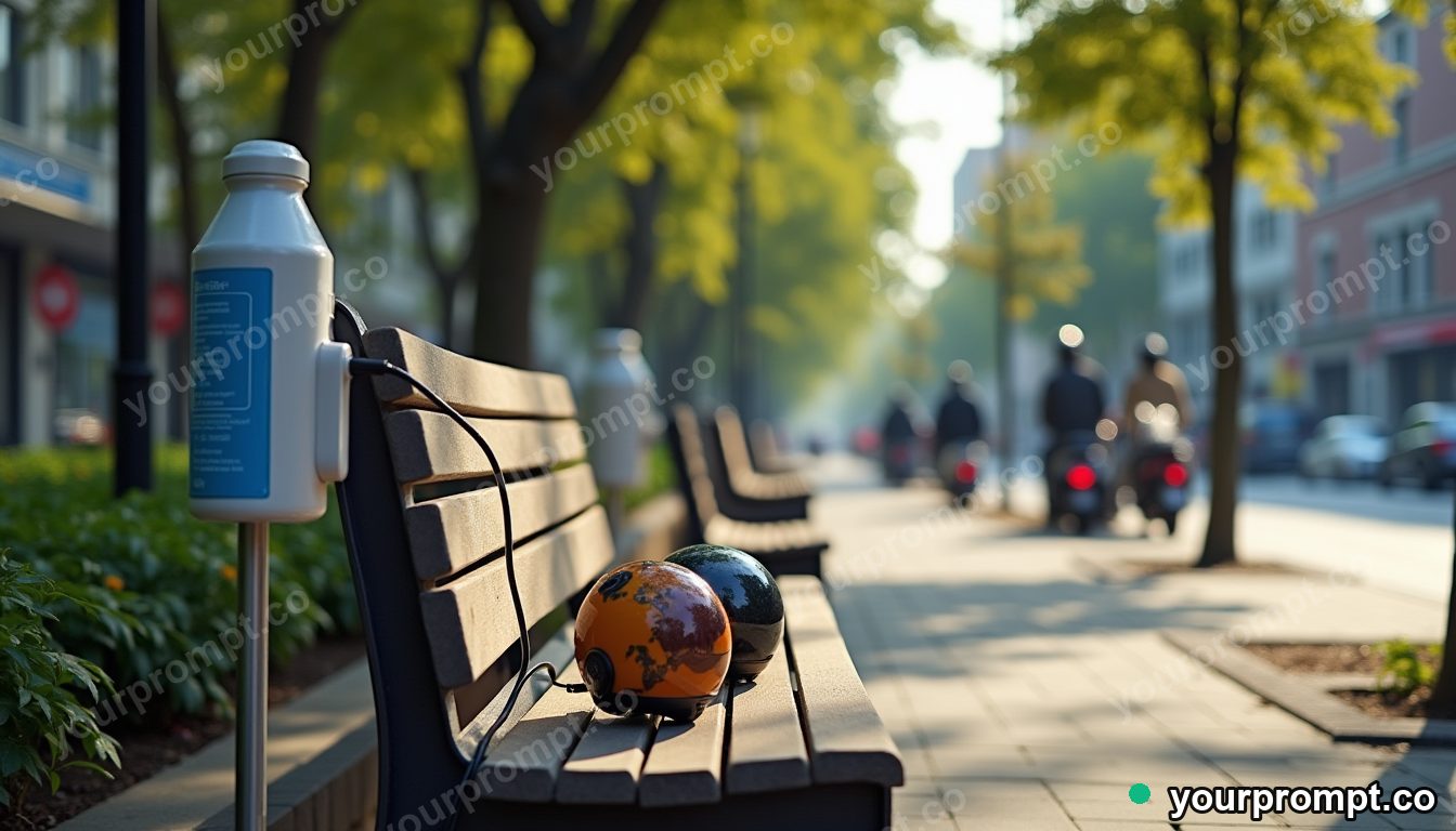 Solar charging bench for delivery riders in cinematic style — AI-generated image from a text prompt